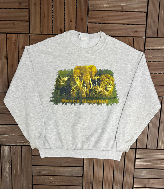 Busch Gardens Extinction Is Forever Graphic Crewneck | Size Large | Vintage 1990s Promotional Grey Sweater|