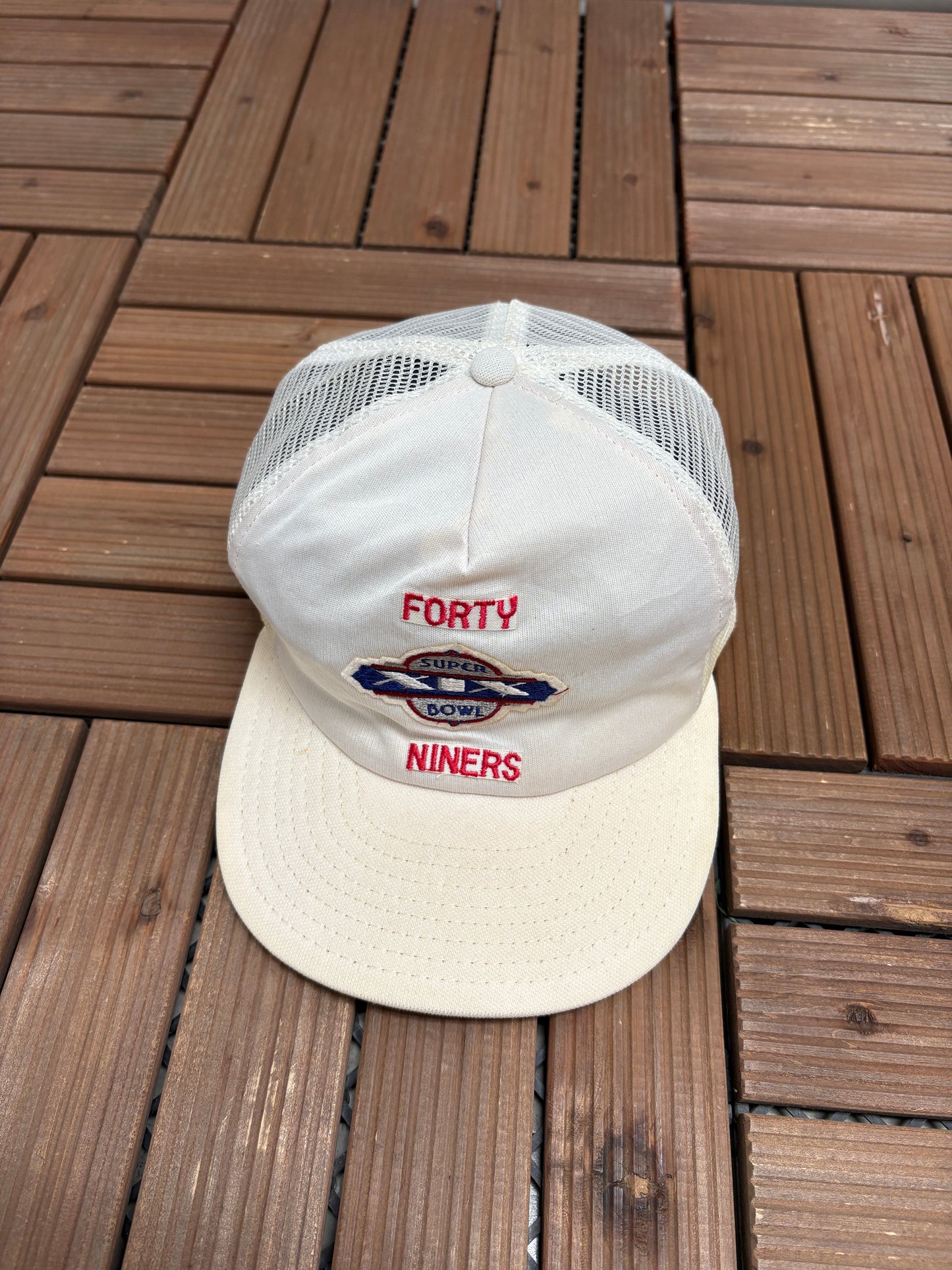 San Francisco 49ers Super Bowl XIX Graphic Hat | Snap Back | Vintage 1980s NFL Football White Cap |