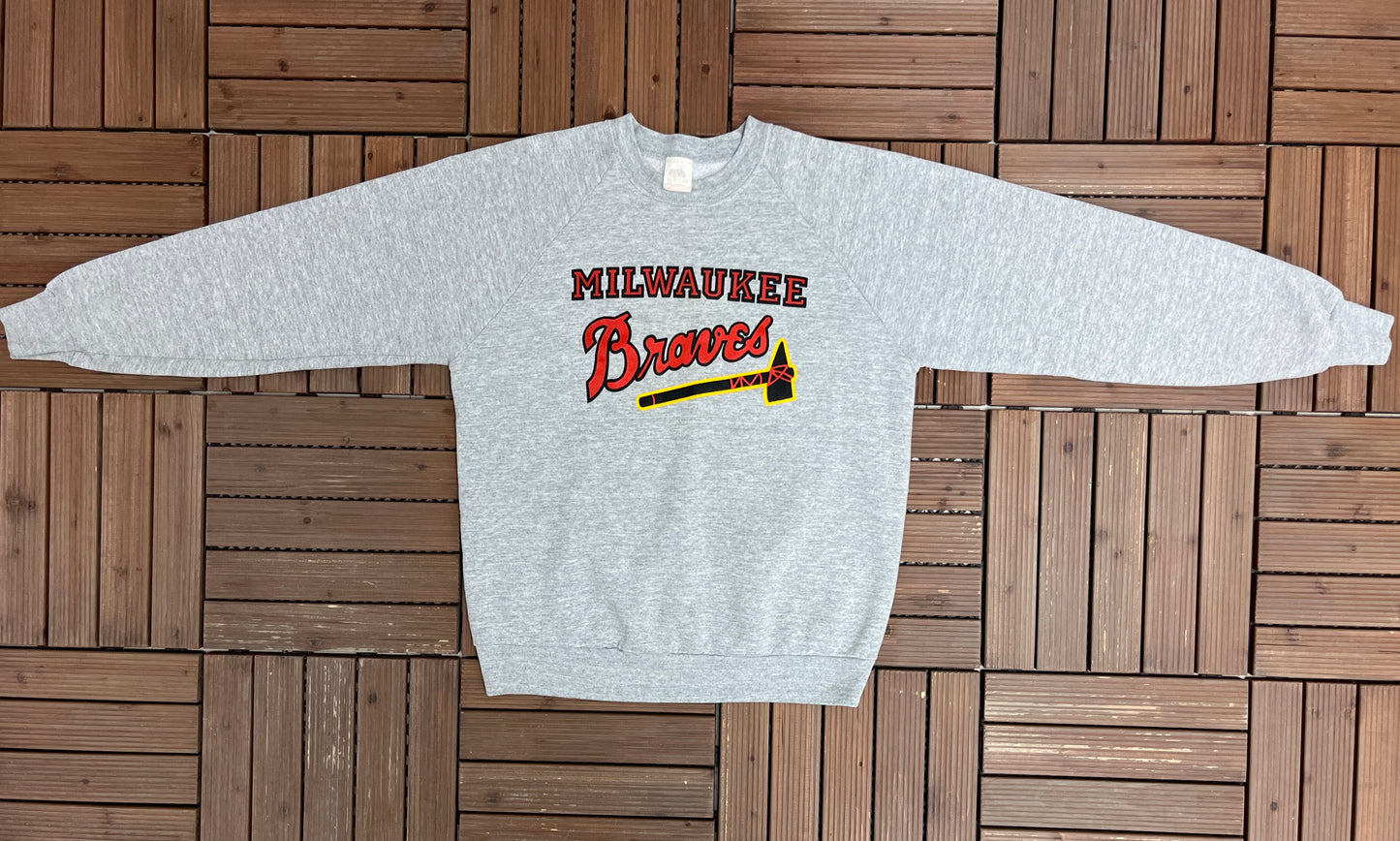 Milwaukee Braves Graphic Crewneck | Size Large | Vintage 1980s MLB Baseball Grey Sweater | Made in USA |