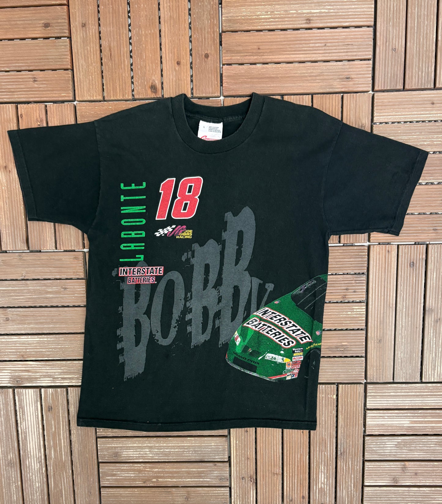 Bobby Labonte Interstate Batteries Graphic Tee | Size Large | Vintage 1990s Black Racing T-Shirt |