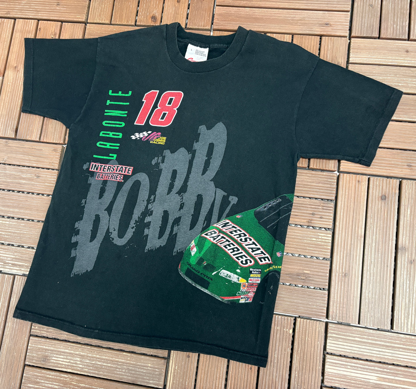 Bobby Labonte Interstate Batteries Graphic Tee | Size Large | Vintage 1990s Black Racing T-Shirt |