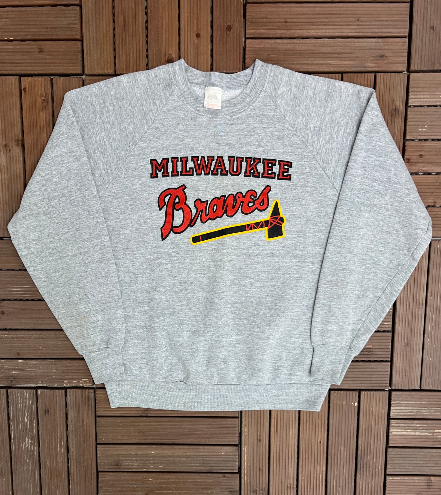 Milwaukee Braves Graphic Crewneck | Size Large | Vintage 1980s MLB Baseball Grey Sweater | Made in USA |