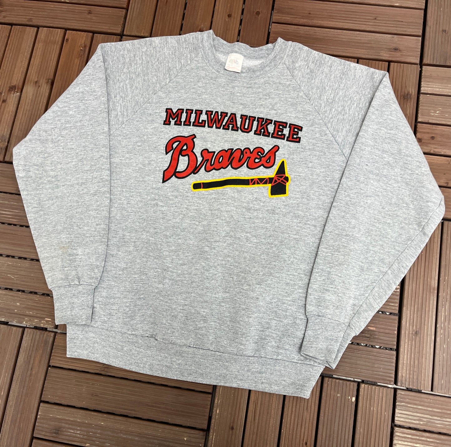 Milwaukee Braves Graphic Crewneck | Size Large | Vintage 1980s MLB Baseball Grey Sweater | Made in USA |