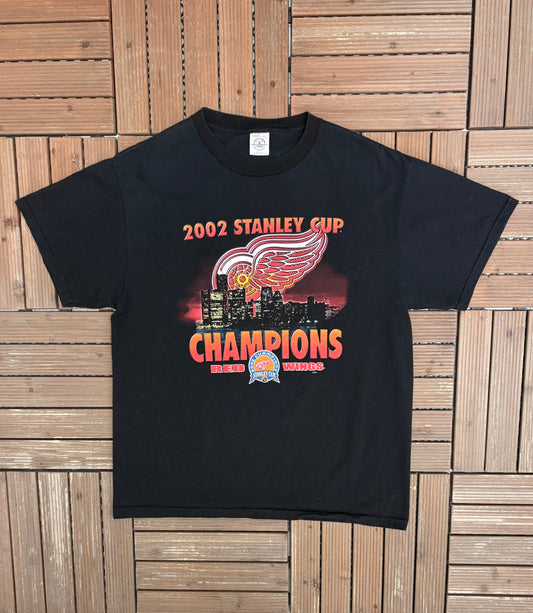 Detroit Red Wings 2002 Stanley Cup Champions Graphic Tee | Size Large | Vintage 2000s NHL Hockey Black T-Shirt |