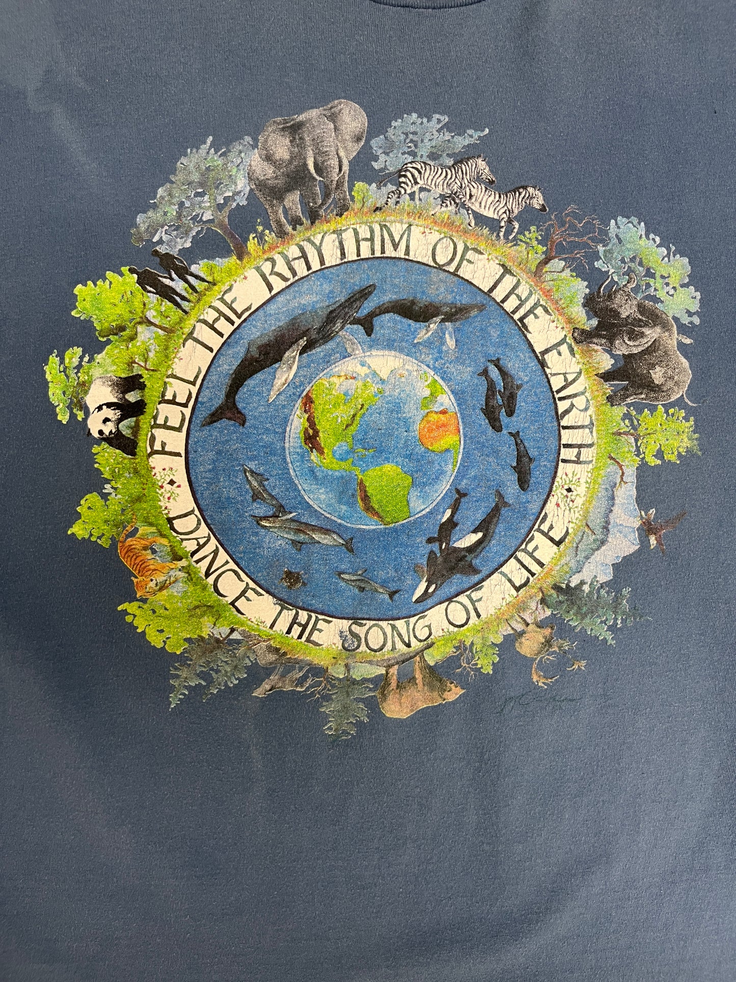 Feel The Rhythm Of The Earth Graphic Tee | Size X-Large | Vintage 1990s Animal Graphic Blue T-Shirt |