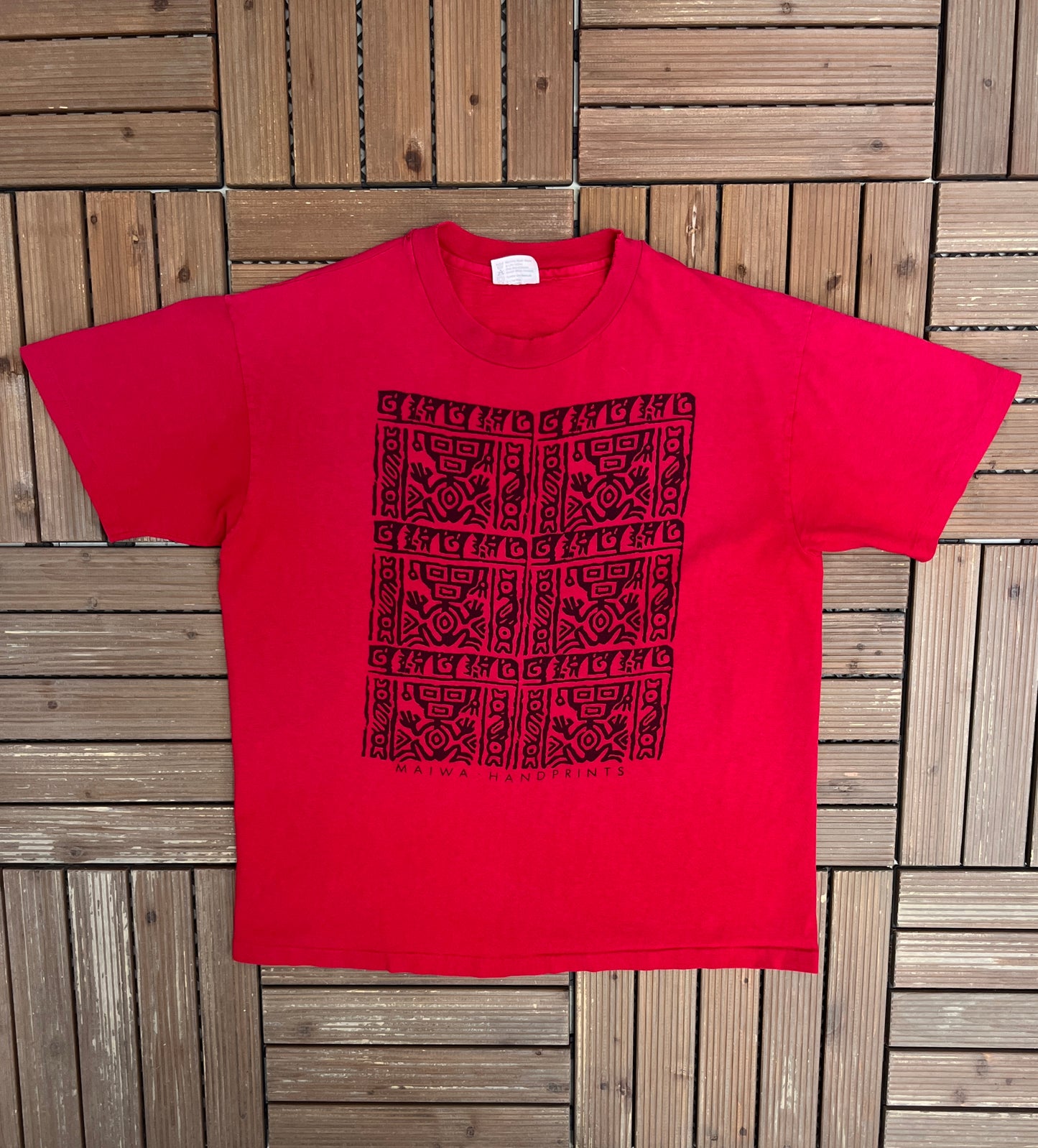 Maiwa Handprints Graphic Tee | Size Large | Vintage 1990s Promotional Red T-Shirt |