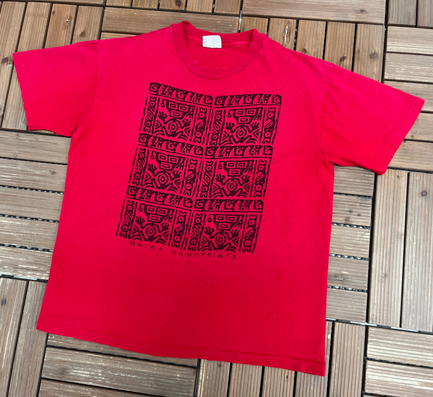 Maiwa Handprints Graphic Tee | Size Large | Vintage 1990s Promotional Red T-Shirt |