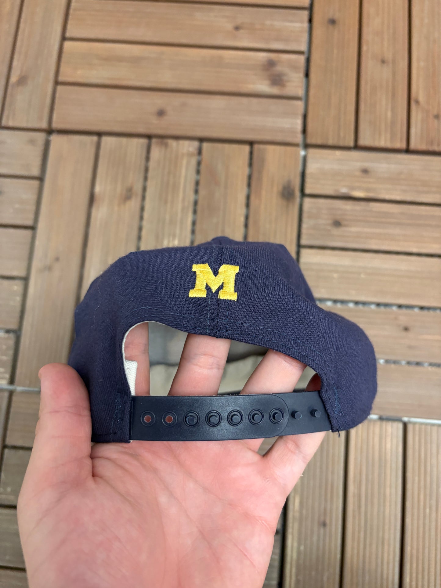 Michigan Wolverines Spell Out Graphic Hat | Snap Back | Vintage 1990s College Sports Blue Cap |