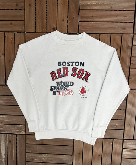 Boston Red Sox World Series 1986 Graphic Crewneck | Size Large | Vintage 1980s MLB Baseball White Sweater |