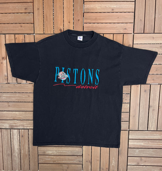 Detroit Pistons Embroidered Graphic Tee | Size X-Large | Vintage 1990s NBA Basketball Black T-Shirt |