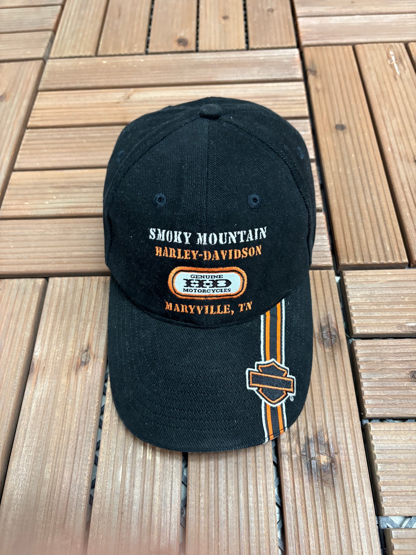 Smoky Mountains Harley Davidson Graphic Hat | Strap Back | Vintage 2000s Biker Motorcycle Black Cap |