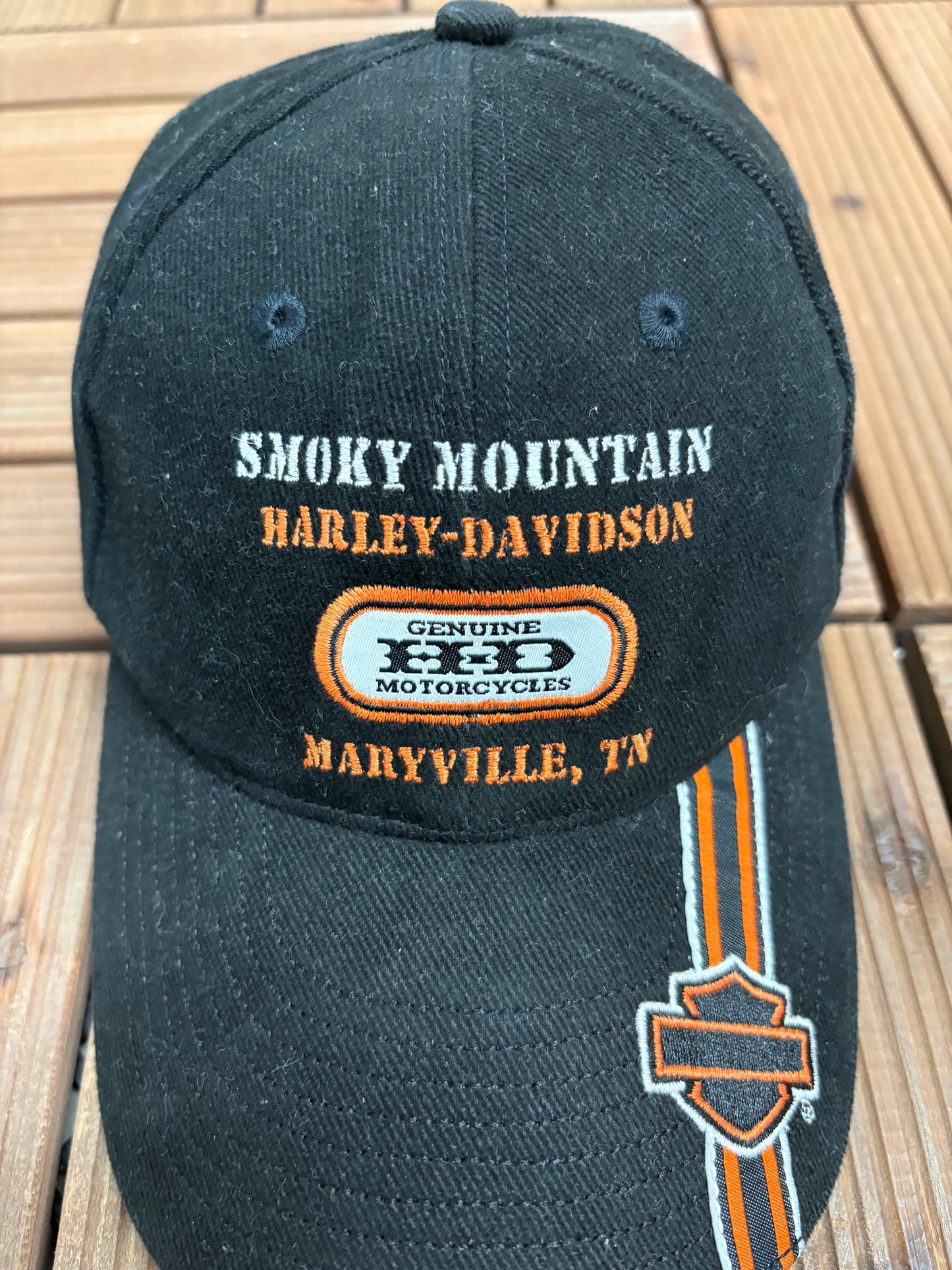 Smoky Mountains Harley Davidson Graphic Hat | Strap Back | Vintage 2000s Biker Motorcycle Black Cap |