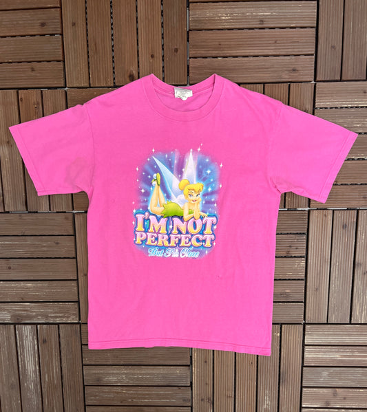 Tinkerbell I'm Not Perfect But I'm Close Graphic Tee | Size Medium | Vintage 1990s Disney Pink T-Shirt |