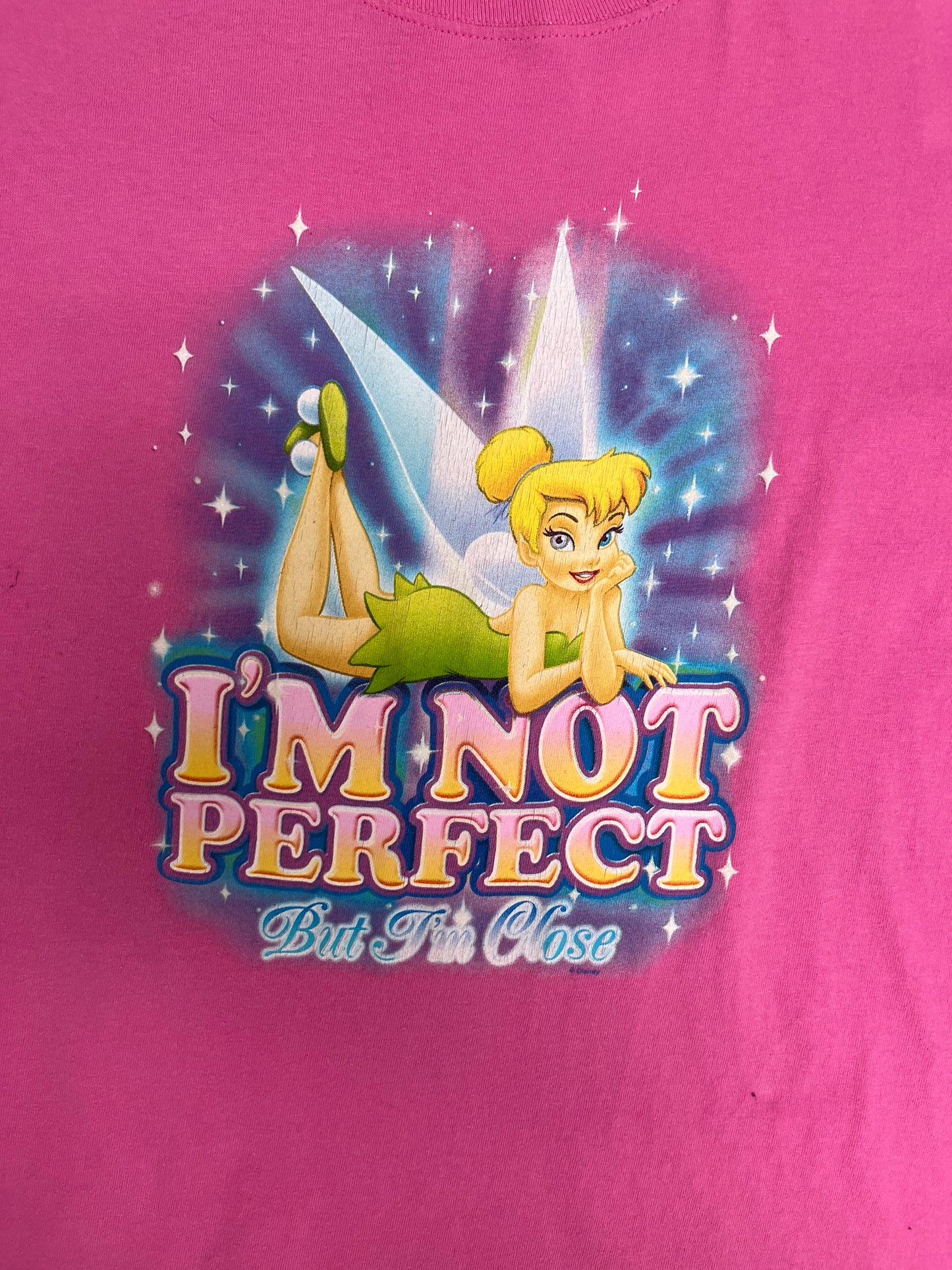 Tinkerbell I'm Not Perfect But I'm Close Graphic Tee | Size Medium | Vintage 1990s Disney Pink T-Shirt |