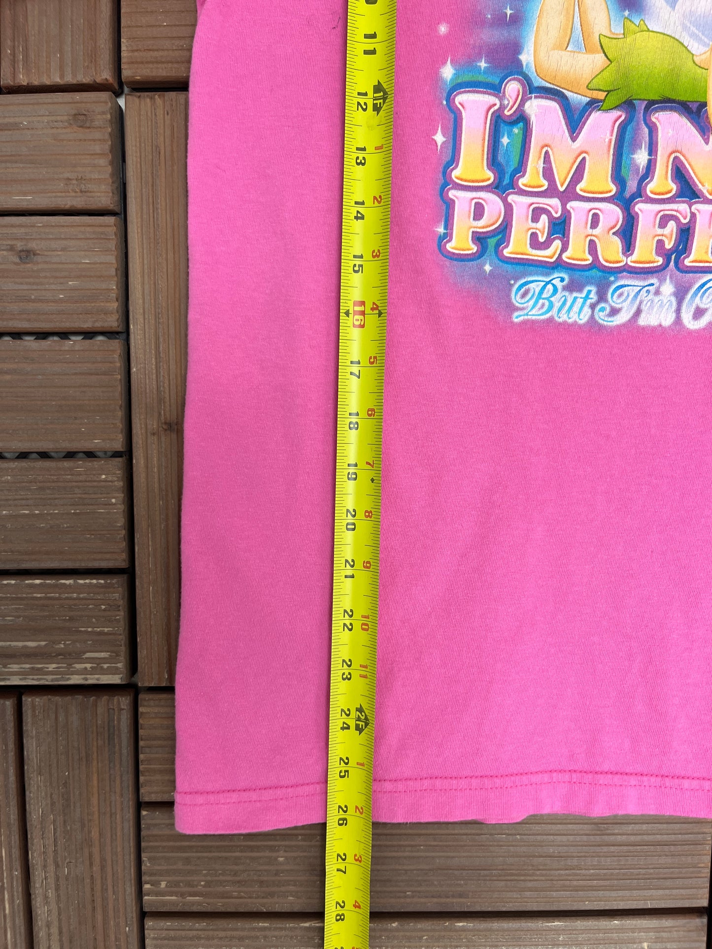 Tinkerbell I'm Not Perfect But I'm Close Graphic Tee | Size Medium | Vintage 1990s Disney Pink T-Shirt |