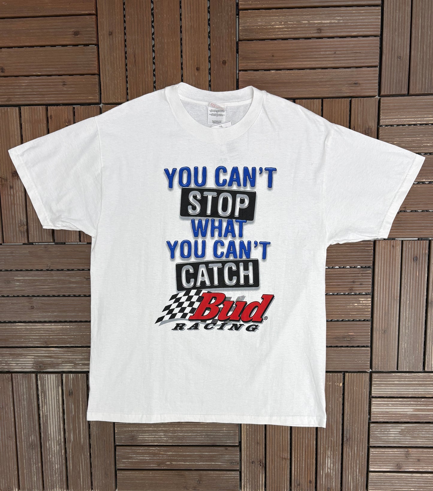 You Can't Stop What You Can't Catch Bud Racing Graphic Tee | Size Large | Vintage 2000s White NASCAR Racing T-Shirt |