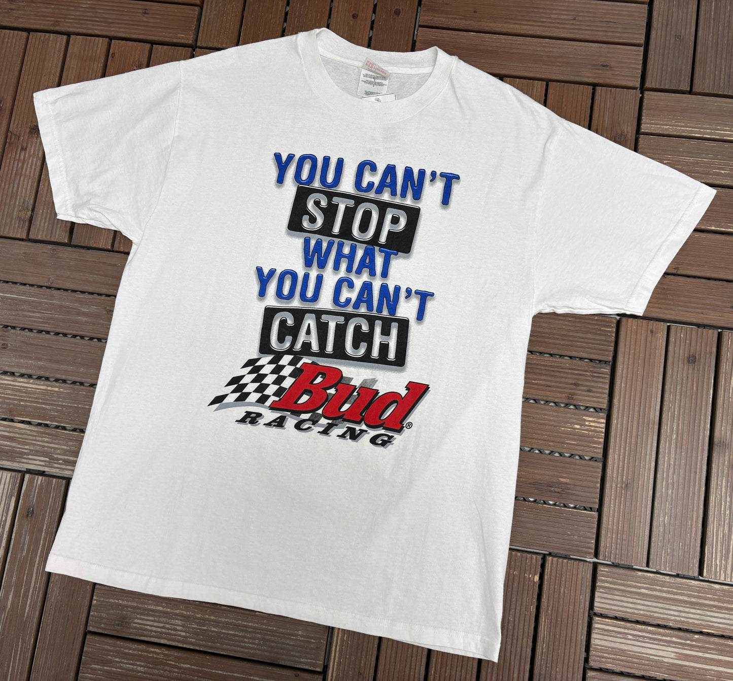 You Can't Stop What You Can't Catch Bud Racing Graphic Tee | Size Large | Vintage 2000s White NASCAR Racing T-Shirt |