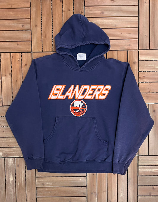 New York Islanders Graphic Hoodie | Size Medium | Vintage 2000s NHL Hockey Blue Sweater |