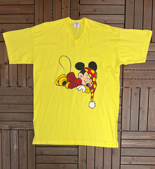 Mickey Mouse Sleeping Graphic Tee | Size X-Large | Vintage 1990s Cartoon Promotional Yellow T-Shirt |