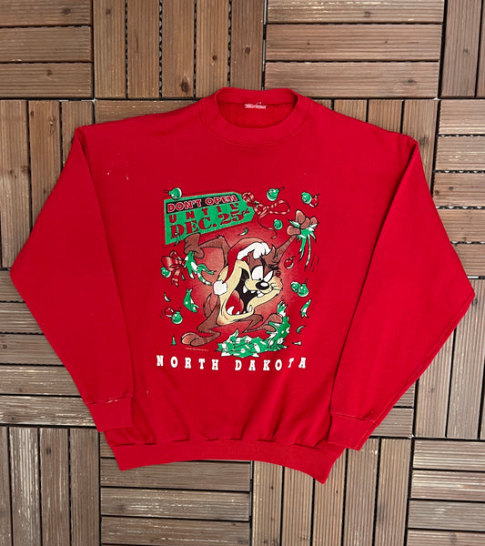 Taz Don't Open Until Christmas Graphic Crewneck | Size Large | Vintage 1990s Red Cartoon Sweater |