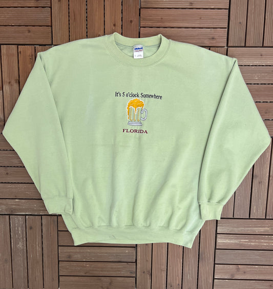 It's 5 O'Clock Somewhere Florida Graphic Crewneck | X-Large | Vintage 2000s Beer Promotional Green Sweater |