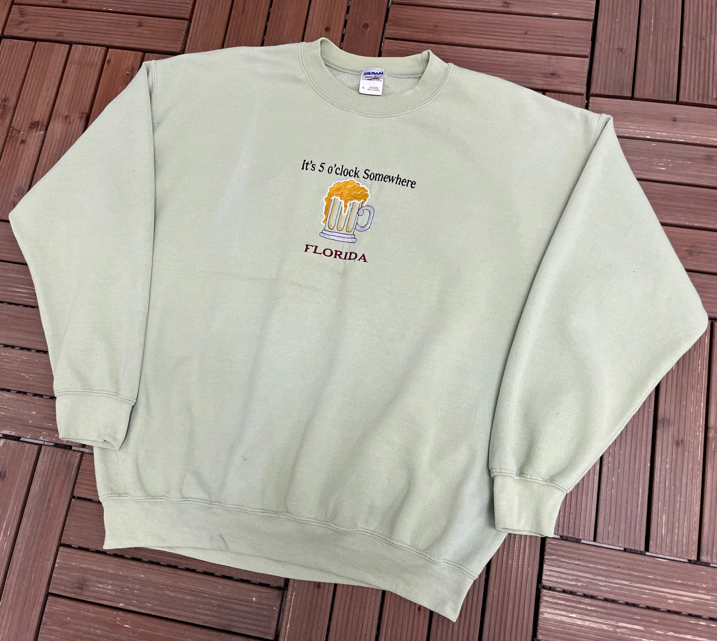 It's 5 O'Clock Somewhere Florida Graphic Crewneck | X-Large | Vintage 2000s Beer Promotional Green Sweater |