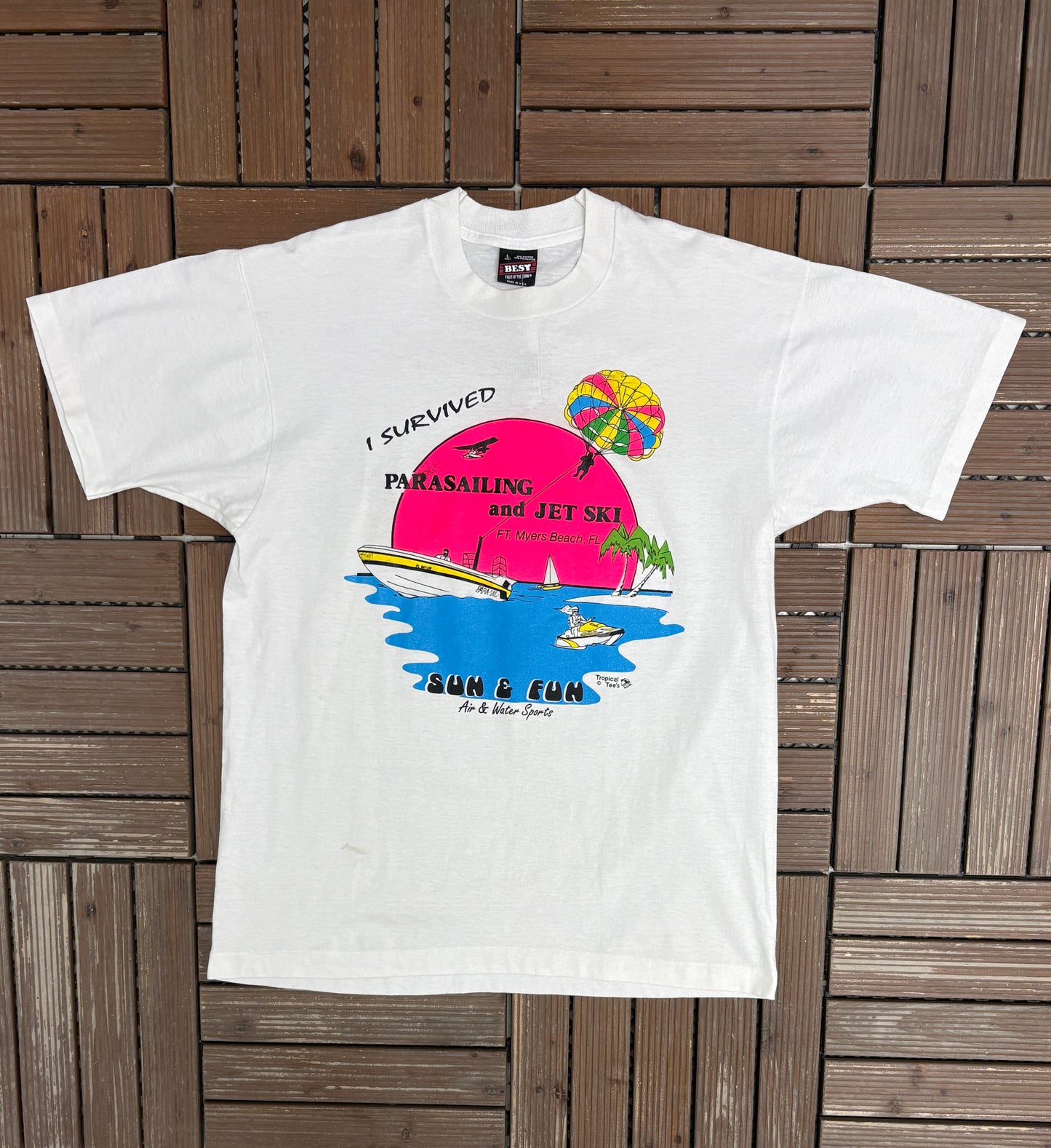 I Survived Parasailing And Jet Ski Graphic Tee | Size Large | Vintage 1990s Promotional White T-Shirt |
