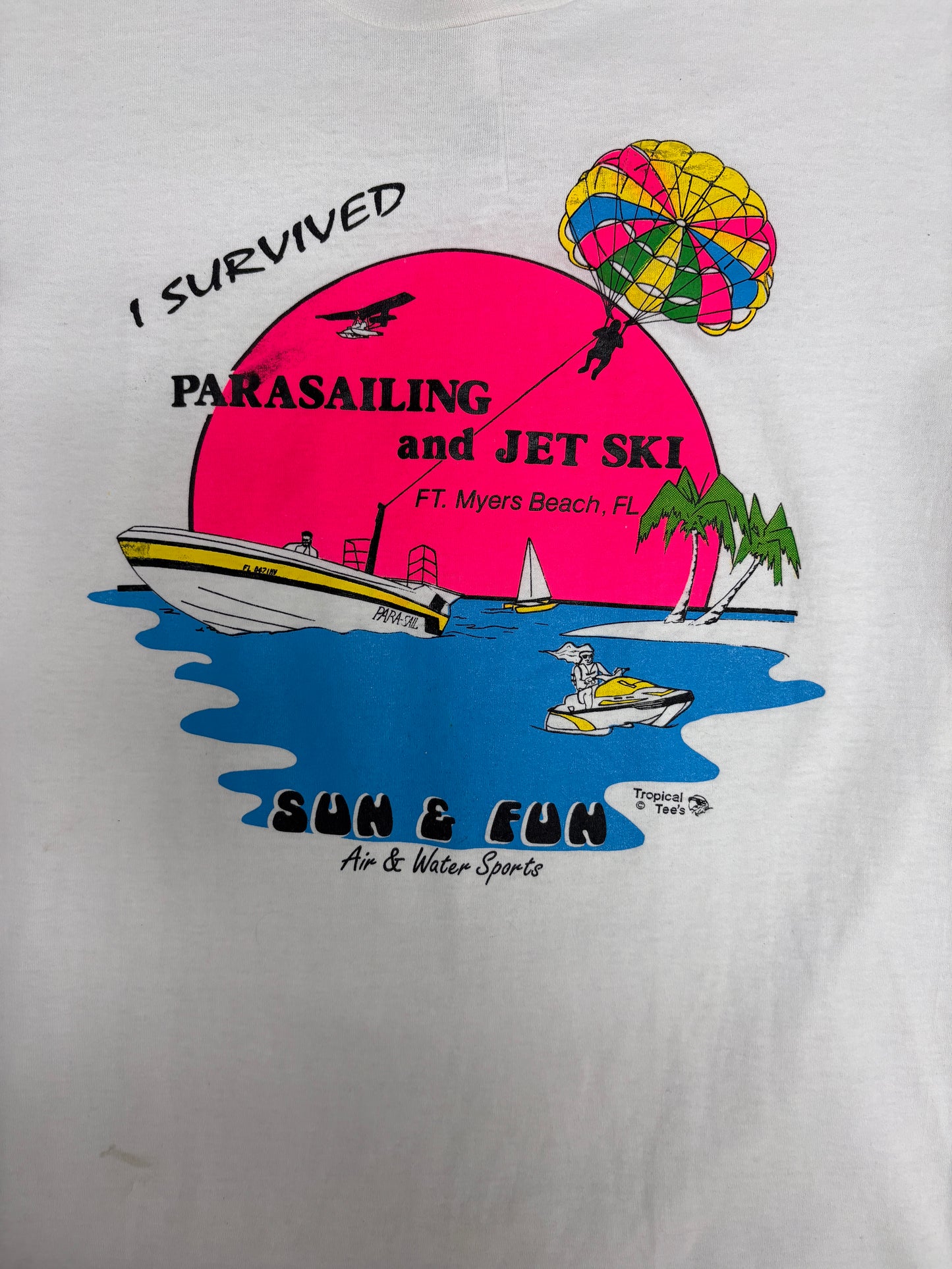 I Survived Parasailing And Jet Ski Graphic Tee | Size Large | Vintage 1990s Promotional White T-Shirt |