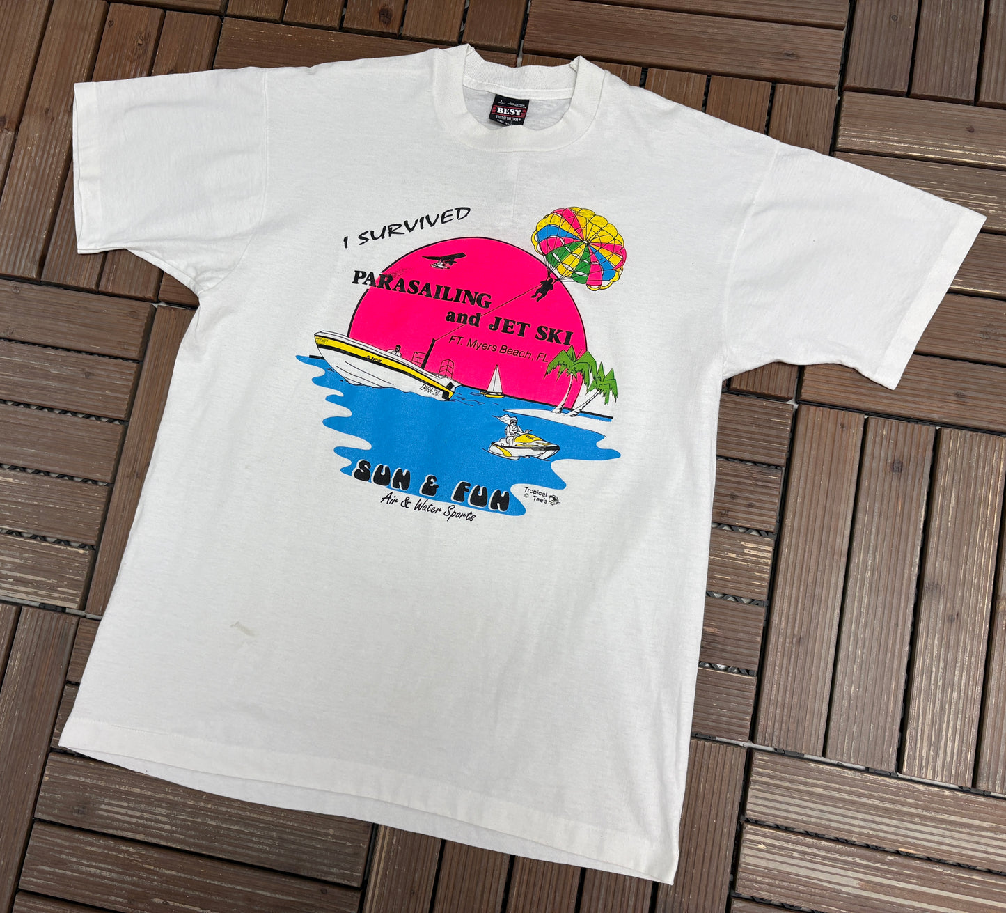 I Survived Parasailing And Jet Ski Graphic Tee | Size Large | Vintage 1990s Promotional White T-Shirt |