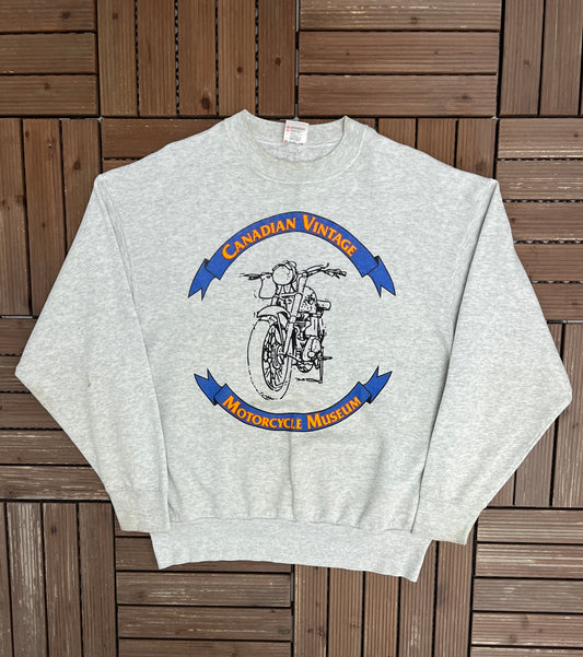 Canadian Vintage Motorcycle Museum Graphic Crewneck | Size X-Large | Vintage 1990s Biker Grey Sweater |