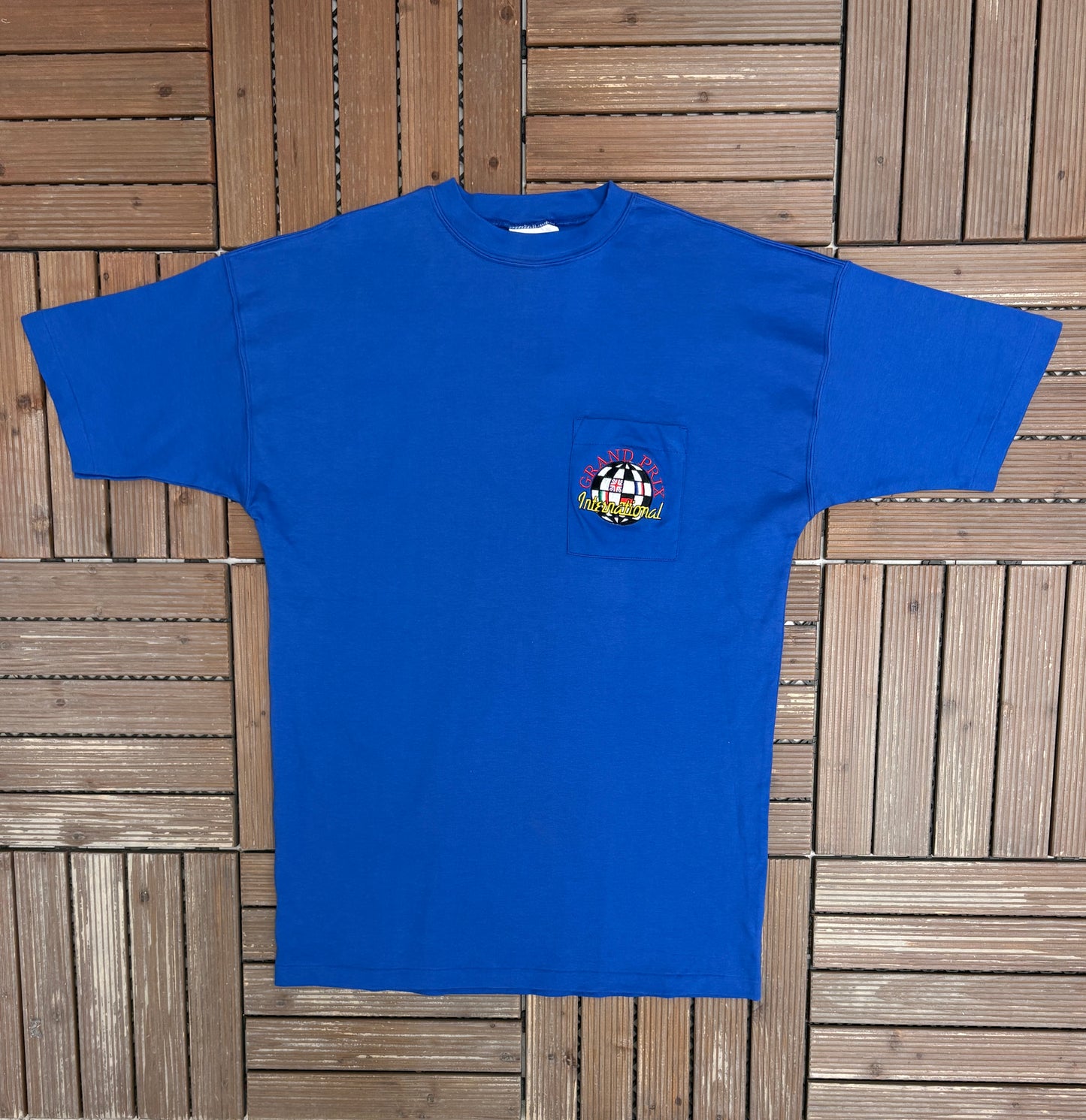 Grand Prix International Embroidered Graphic Tee | One Size Fits All | Vintage 1990s Racing Blue T-Shirt|