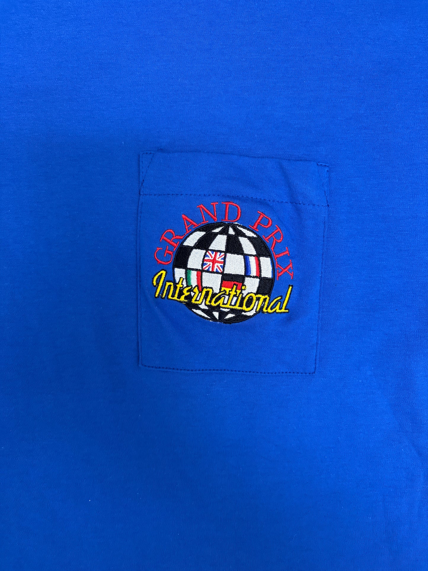 Grand Prix International Embroidered Graphic Tee | One Size Fits All | Vintage 1990s Racing Blue T-Shirt|