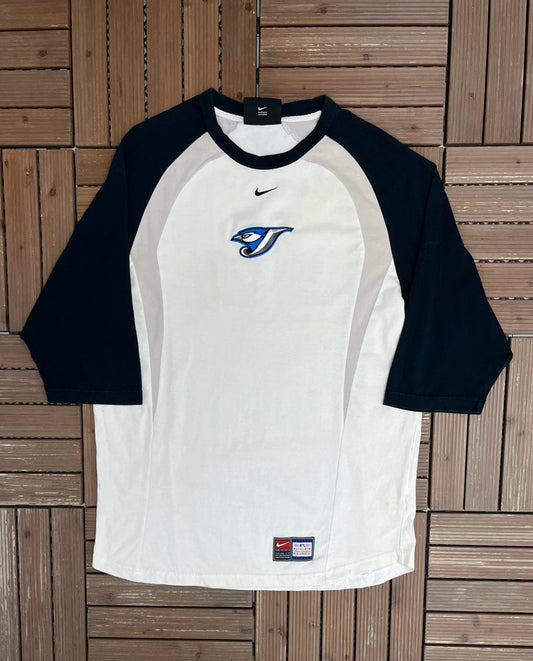 Toronto Blue Jays Nike Graphic Tee | Size Large | Vintage 2000s MLB Baseball White 3/4 Sleeve |