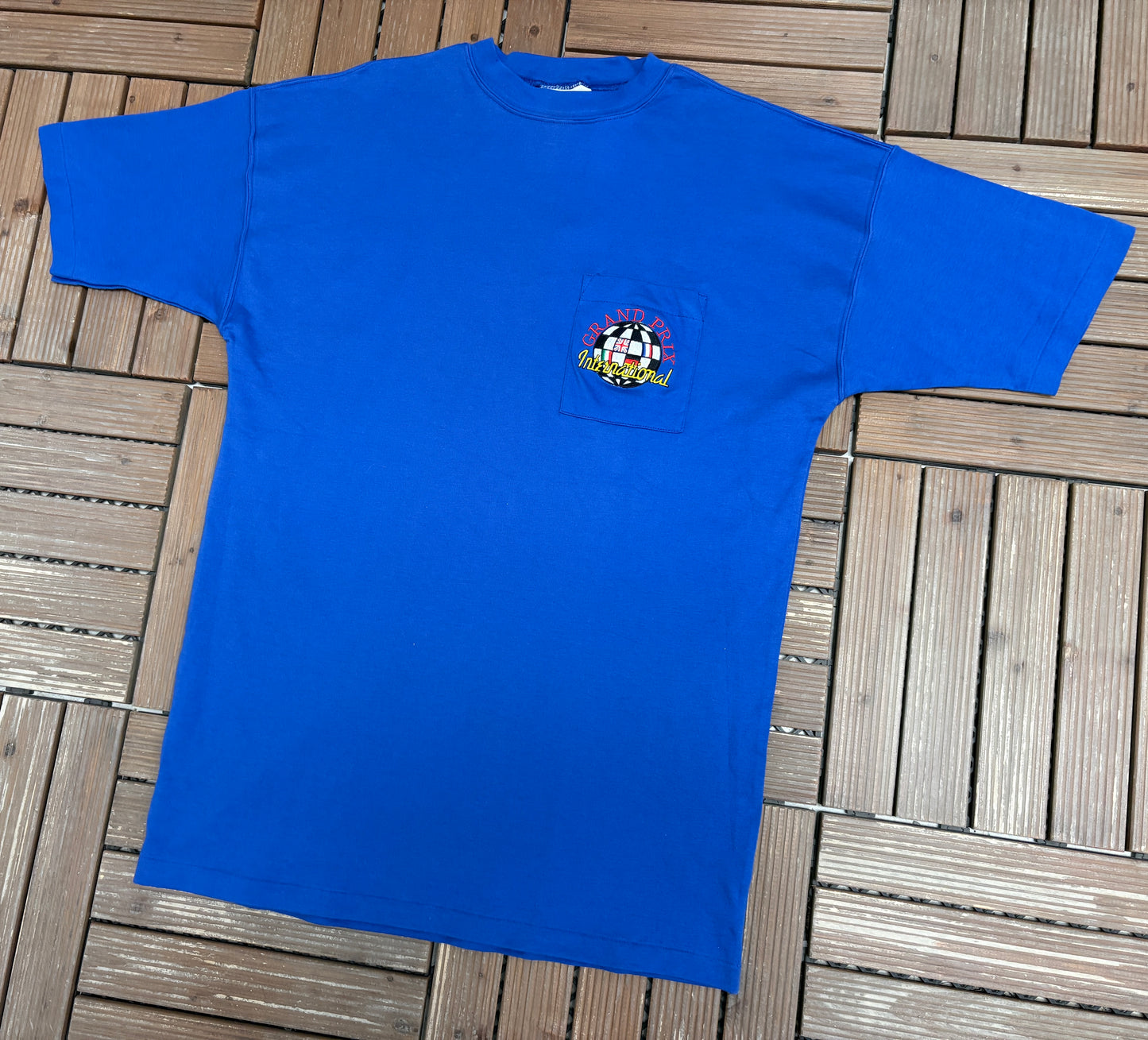 Grand Prix International Embroidered Graphic Tee | One Size Fits All | Vintage 1990s Racing Blue T-Shirt|