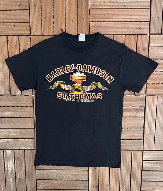 Harley Davidson St. Thomas Graphic Tee | Size Medium | Vintage 2000s Motorcycle Black T-Shirt |