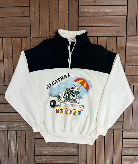 Alcatraz Beach Club Member Graphic Quarter Zip | Size X-Large | Vintage 1990s Promotional White Sweater |