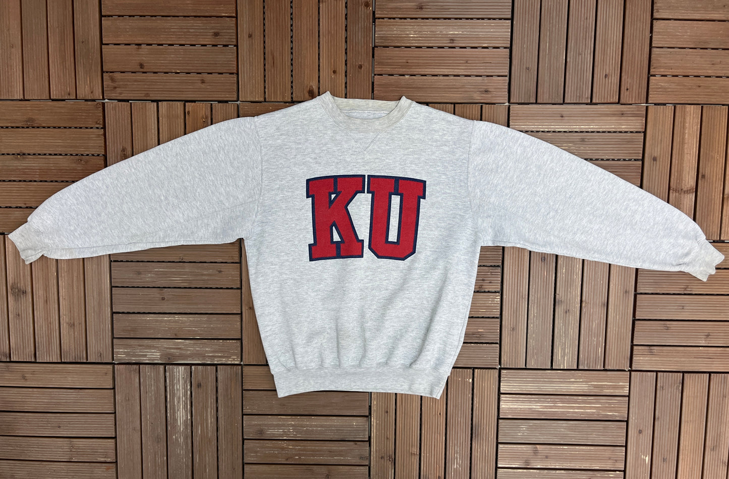 Kansas Jayhawks Graphic Crewneck | Size Medium | Vintage 1990s College Grey Sweater |