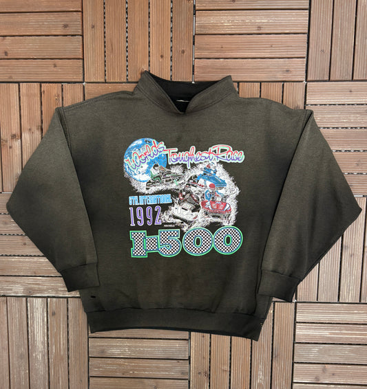 International 500 Snowmbile Race Graphic Sweater | Size X-Large | Vintage 1990s Scenic Black Sweater |