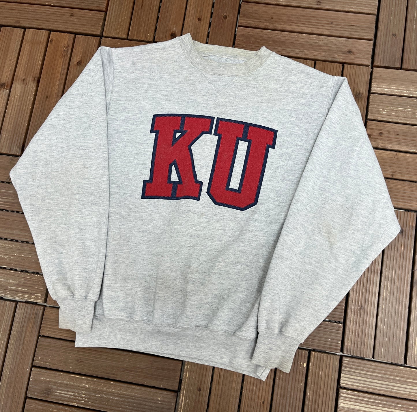 Kansas Jayhawks Graphic Crewneck | Size Medium | Vintage 1990s College Grey Sweater |