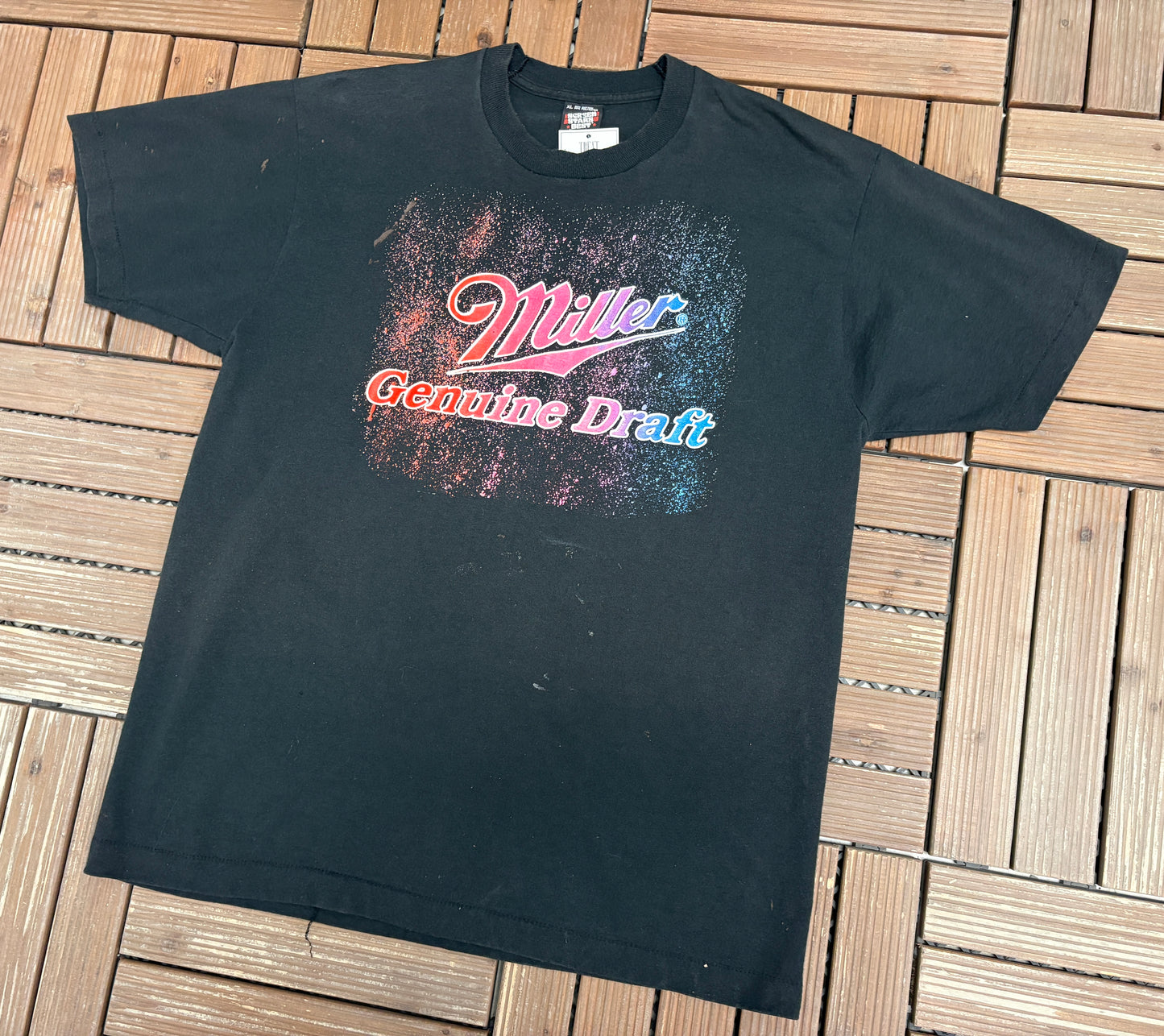 Miller Genuine Draft Graphic Tee | Size X-Large | Vintage 1990s Alcohol Promotional Black T-Shirt |