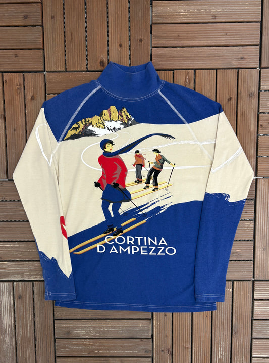 Cortina d'Ampezzo Ski Graphic Tee | Size Large | Vintage 2000s Promotional Blue Long Sleeve T-Shirt |