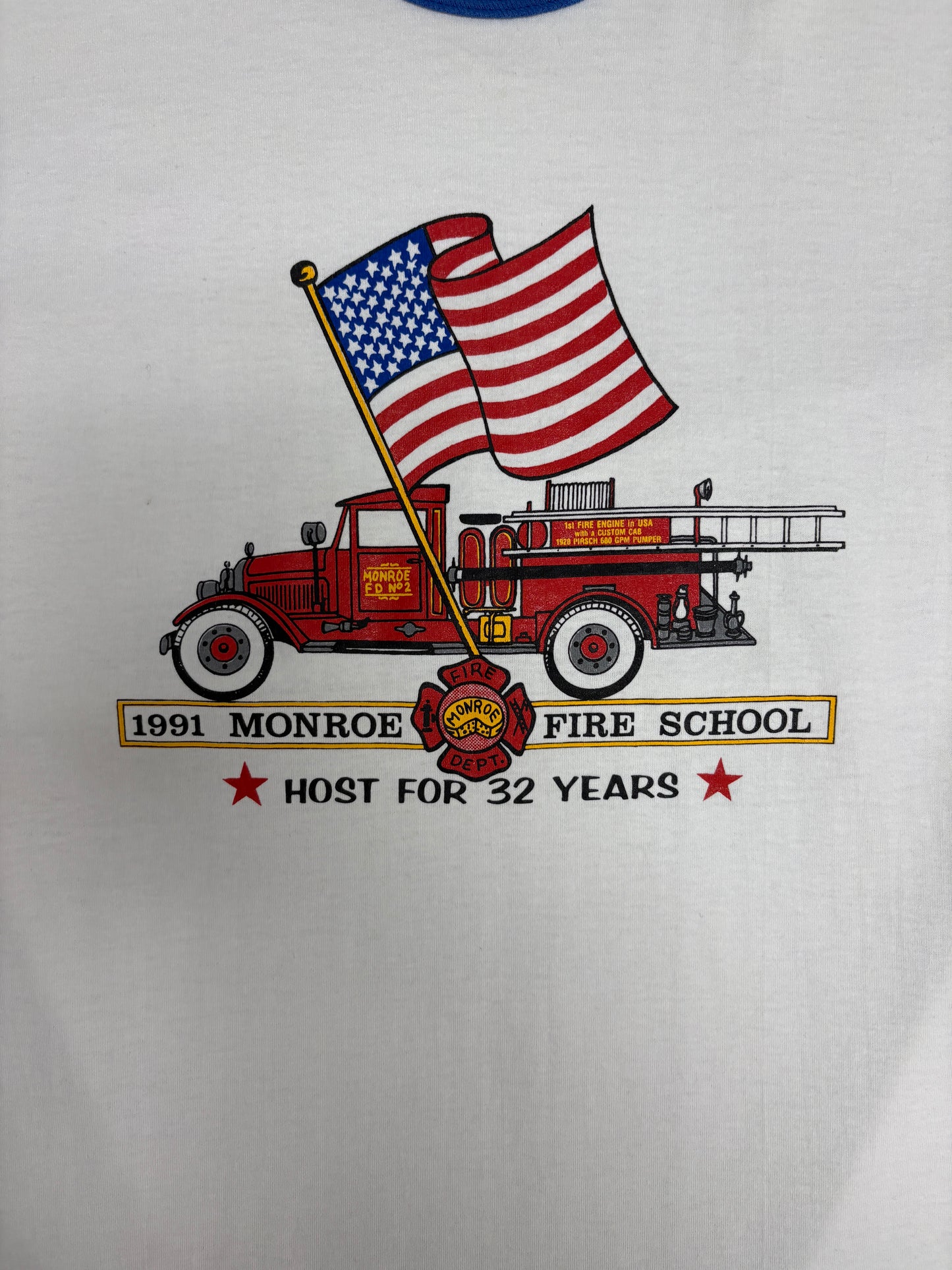 1991 Monroe Fire School Graphic Tee | Size Large | Vintage 1990s Single Stitch White T-Shirt |