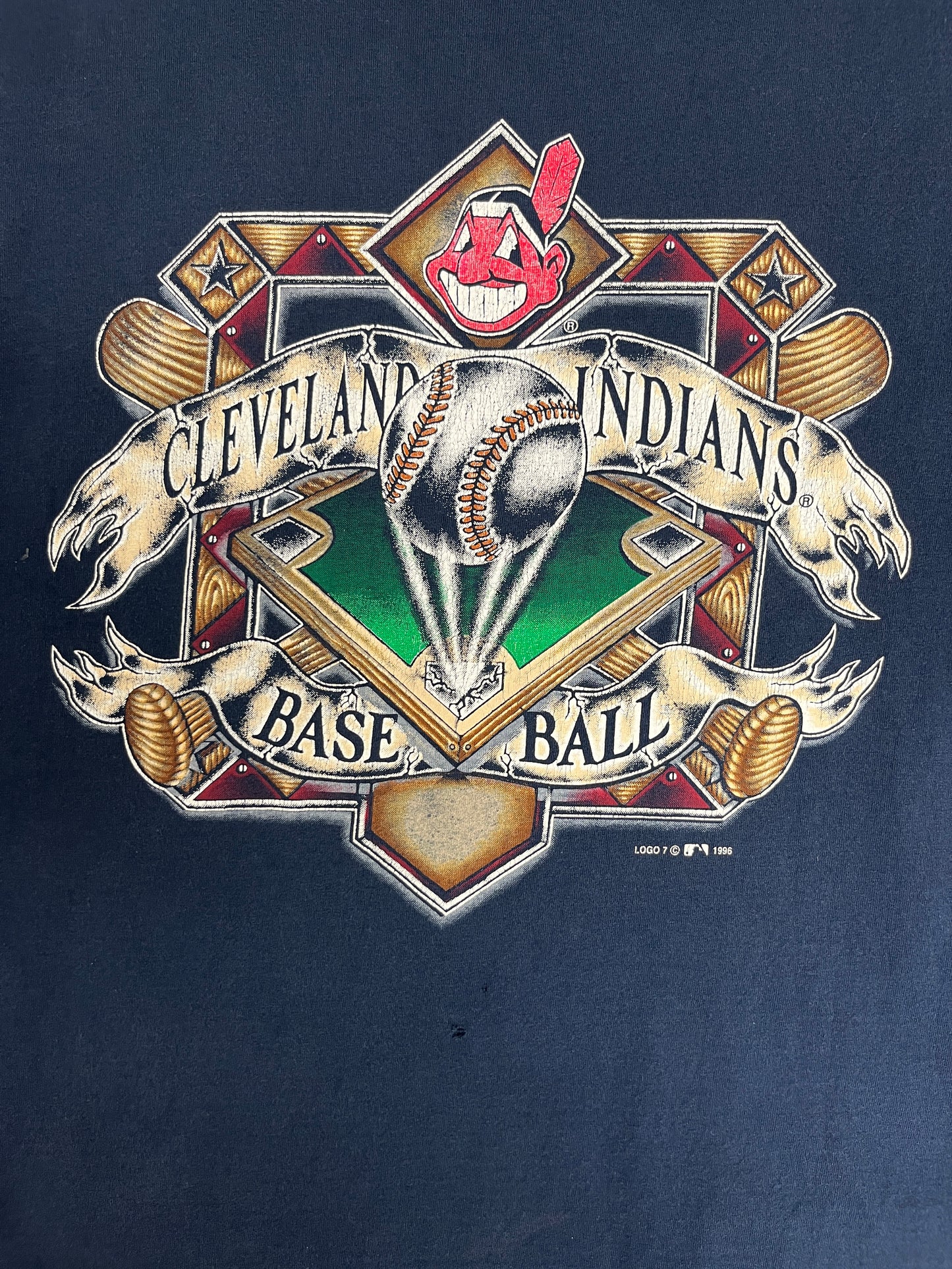 Cleveland Indians Baseball Graphic Tee | Size Large | Vintage 1990s MLB Baseball Blue T-Shirt |