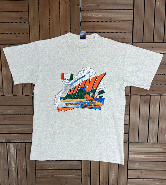 Miami Hurricanes Graphic Tee | Size Large | Vintage 1990s College Grey T-Shirt |