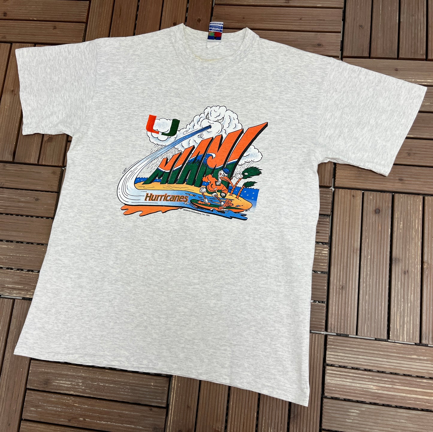 Miami Hurricanes Graphic Tee | Size Large | Vintage 1990s College Grey T-Shirt |