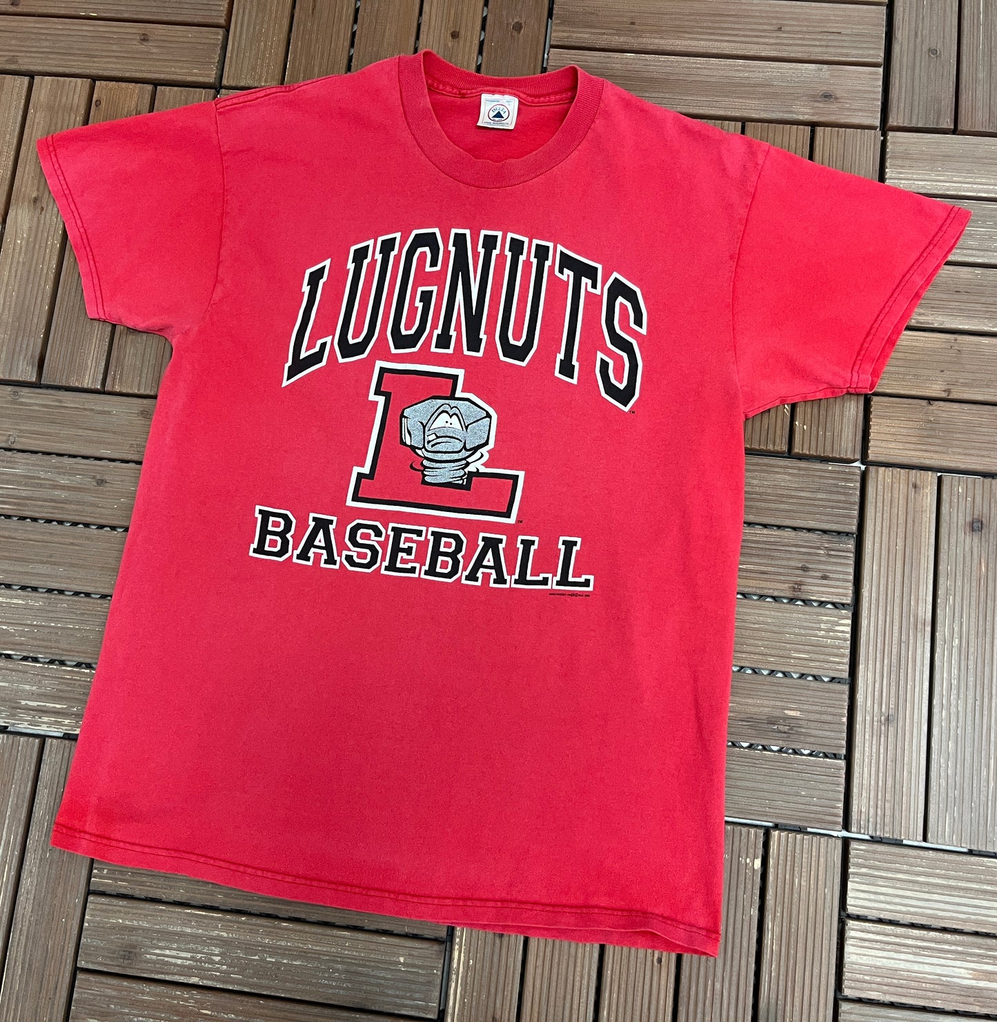 Lansing Lugnuts Baseball Graphic Tee | Size Large | Vintage 1990s MiLB Baseball Red T-Shirt |