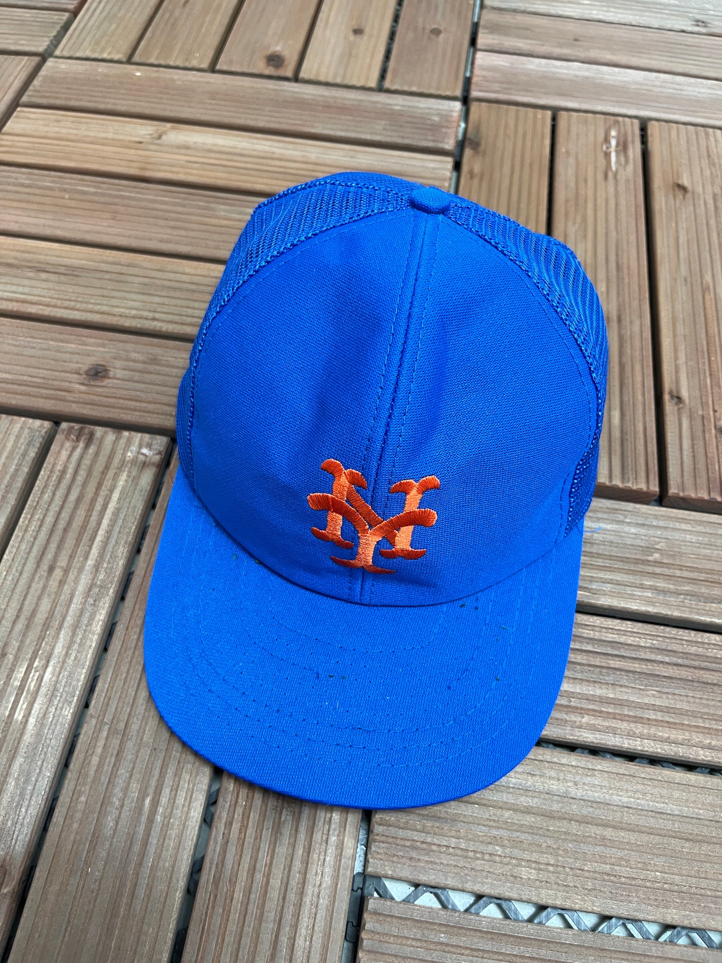 New York Mets Graphic Hat | Snap Back | Vintage 1990s MLB Baseball Trucker Blue Cap |