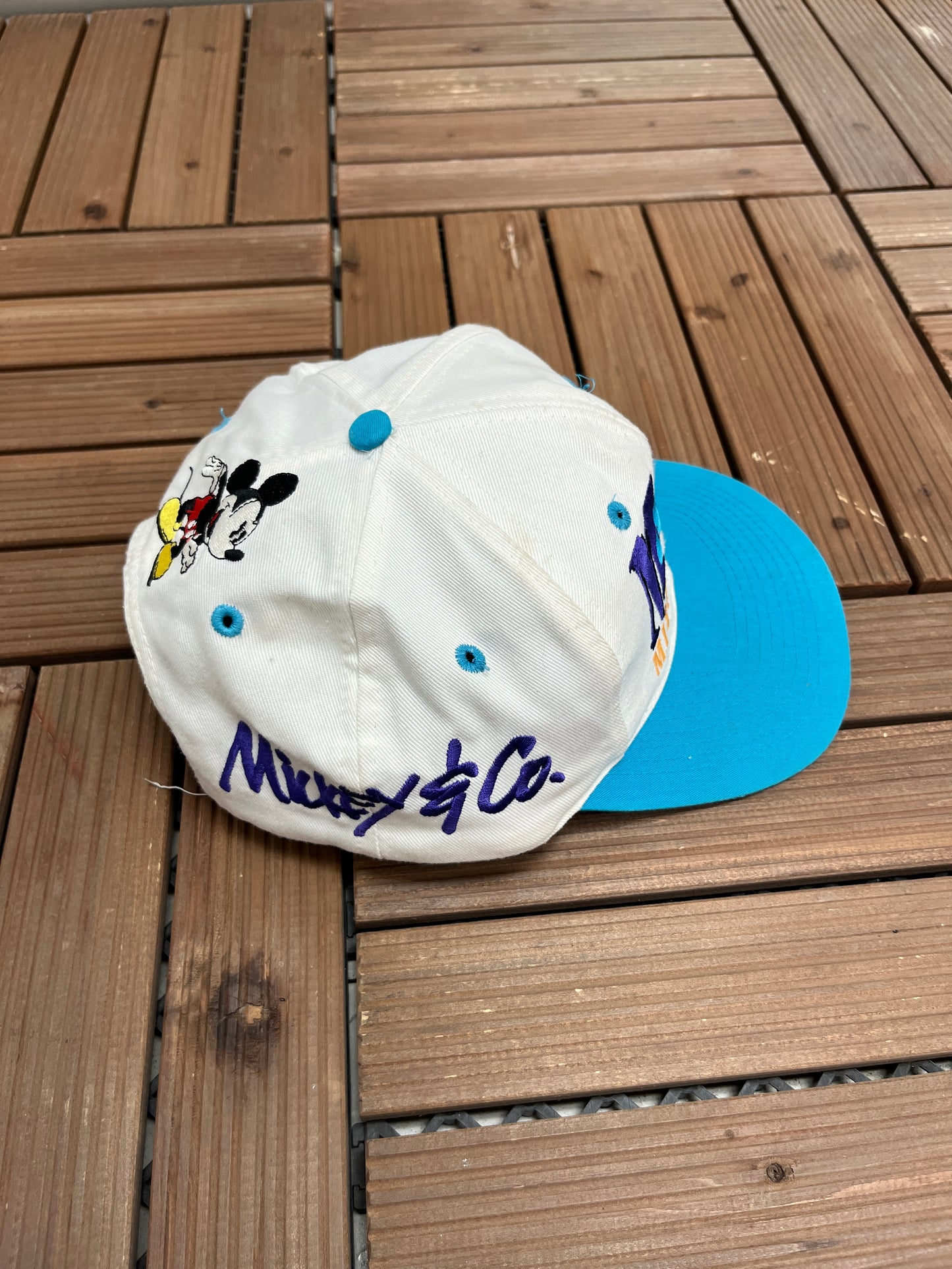 Mickey Mouse & Co Graphic Hat | Snap Back | Vintage 1990s Disney Cartoon White Cap |