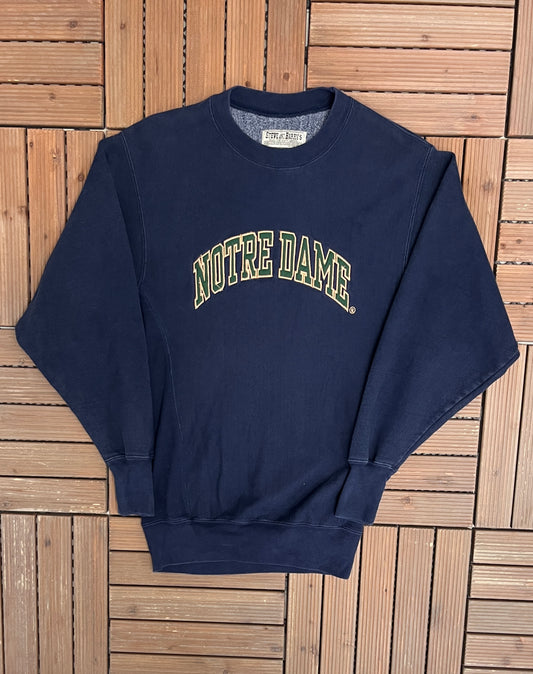 Notre Dame Fighting Irish Stitched Graphic Crewneck | Size Small/Medium | Vintage 1990s College Sports Blue Sweater |