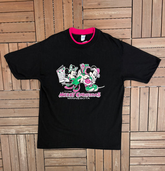 Mickey & Minnie Mouse Merry Christmas Graphic Tee | Size X-Large | Vintage 1990s Single Stitch Black T-Shirt |